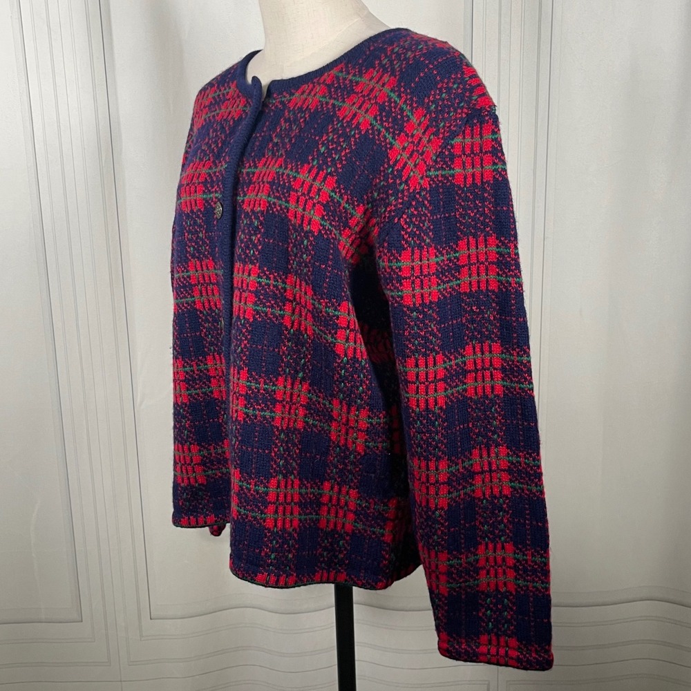 Vintage 90's Susan Bristol Wool Cardigan Sweater Plaid Knit Navy Red Green- L - Picture 9 of 16